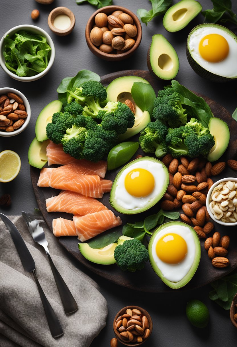 A table with a variety of keto-friendly foods: avocados, eggs, bacon, broccoli, salmon, nuts, and leafy greens