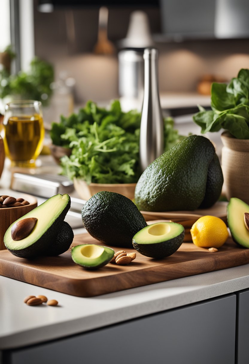 A kitchen counter with various low-carb foods and cooking ingredients, such as avocados, leafy greens, nuts, and olive oil