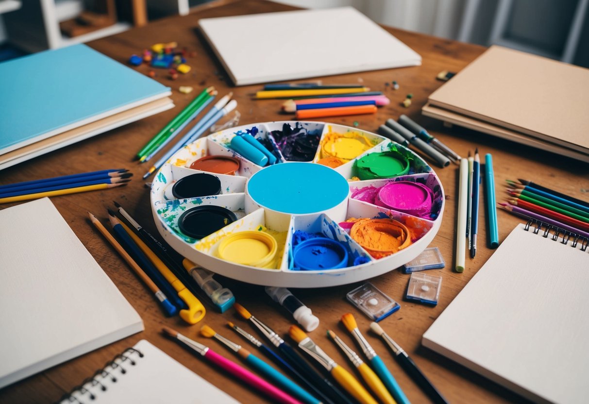 A colorful palette of paintbrushes, pencils, markers, and other art supplies scattered on a wooden table, surrounded by blank canvases and sketchbooks