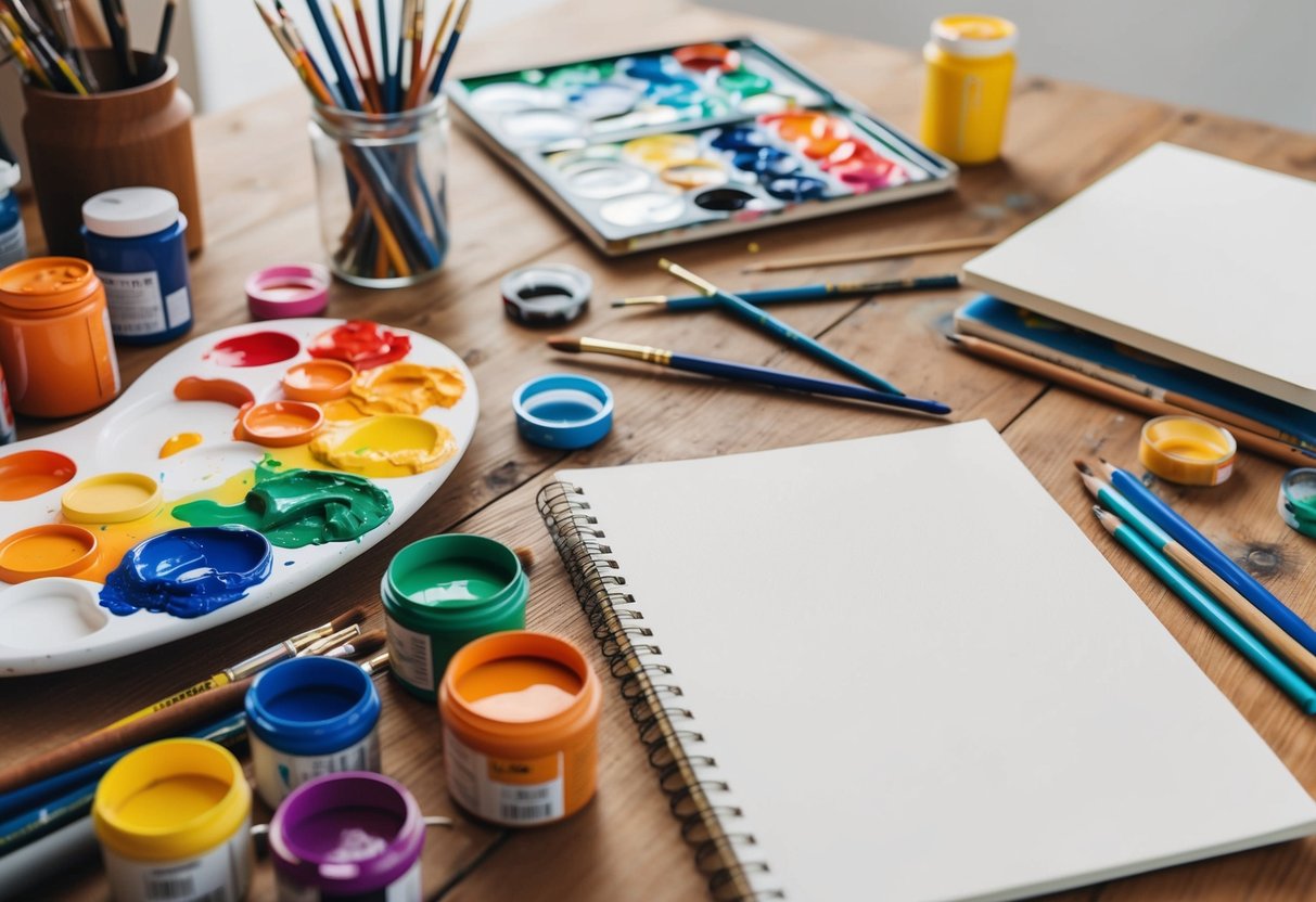 A colorful palette of paint, brushes, pencils, and other art supplies scattered on a wooden table, with a blank canvas and sketchbook waiting to be filled with creative expression