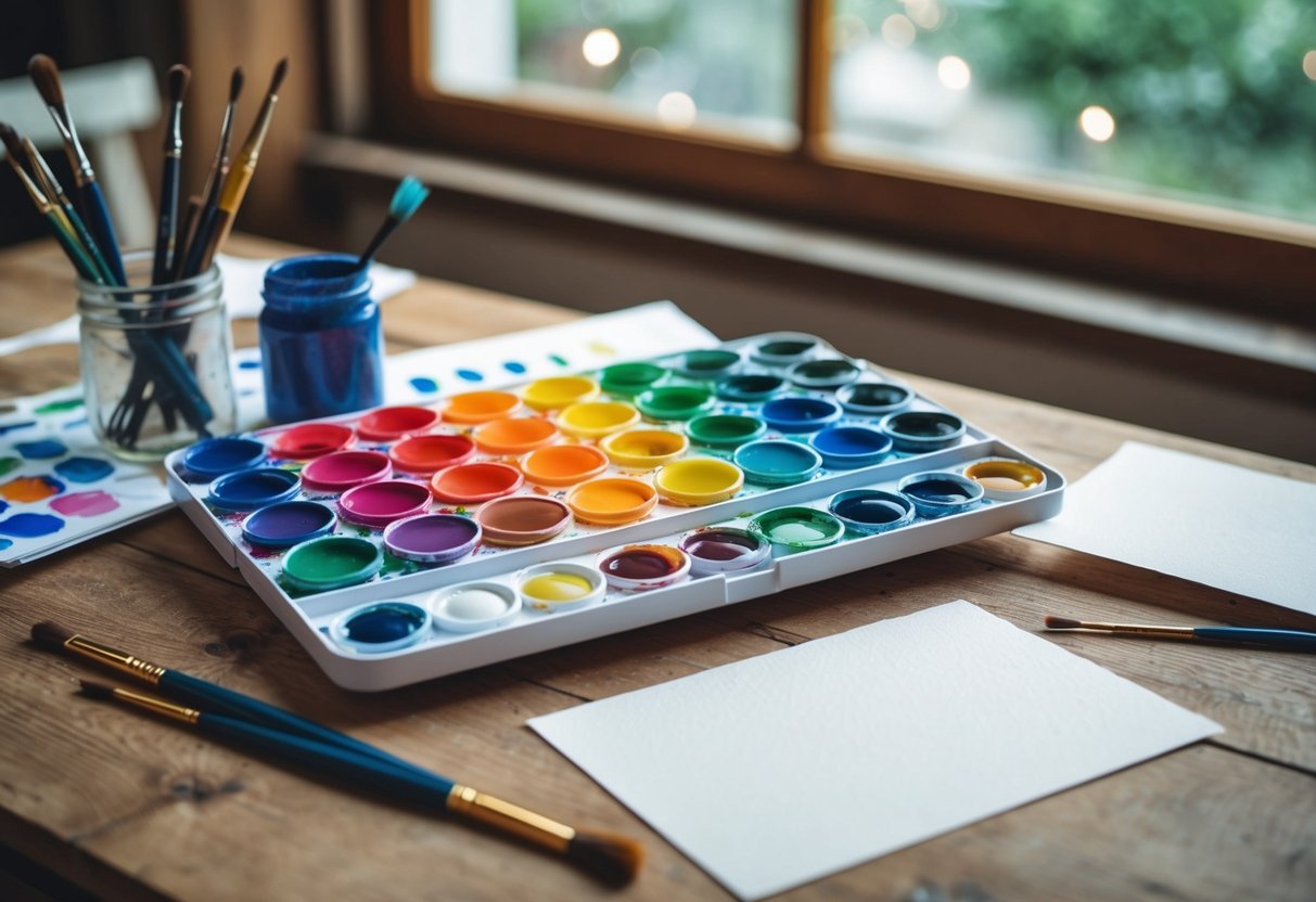 A colorful palette of watercolor paints, brushes, and paper arranged on a wooden table, with natural light streaming in from a nearby window