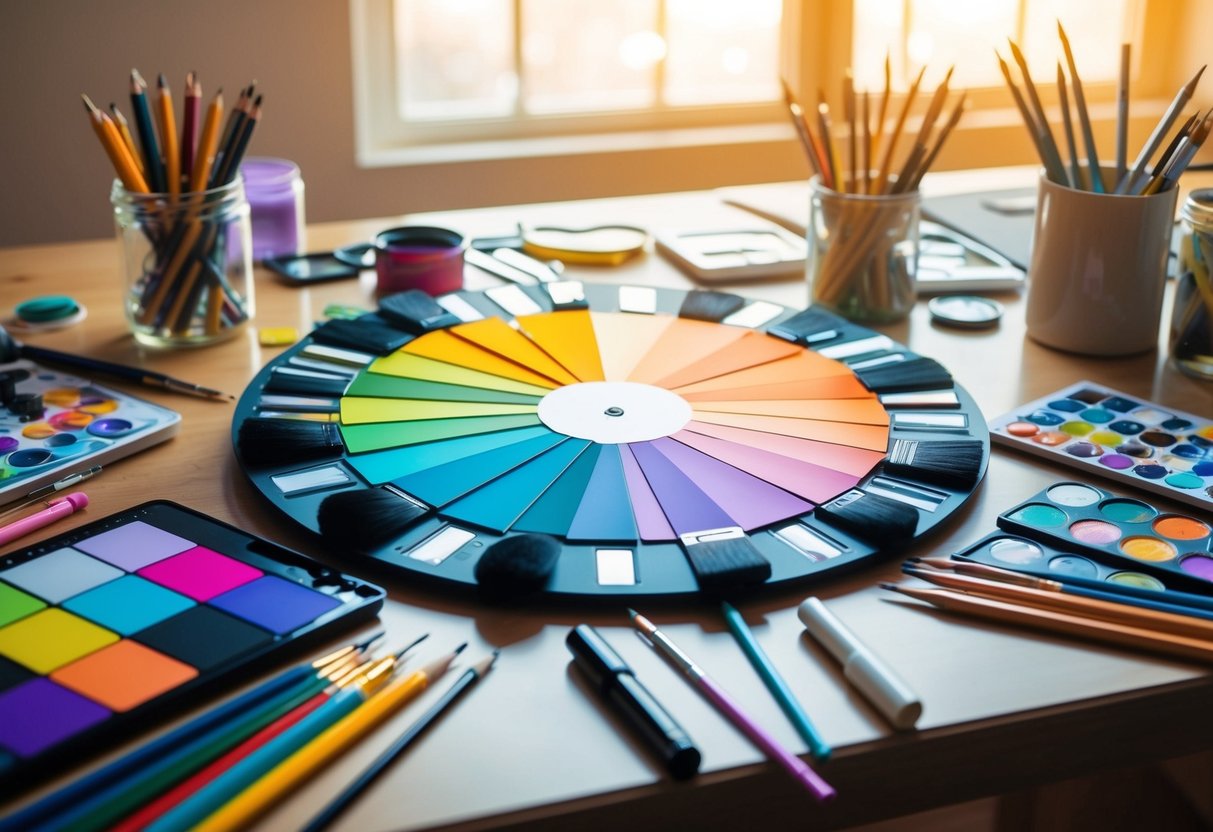 A colorful palette of digital brushes and tools spread out on a desk, surrounded by various art mediums like pencils, paints, and markers. Bright light streams in through a window, casting a warm glow over the workspace
