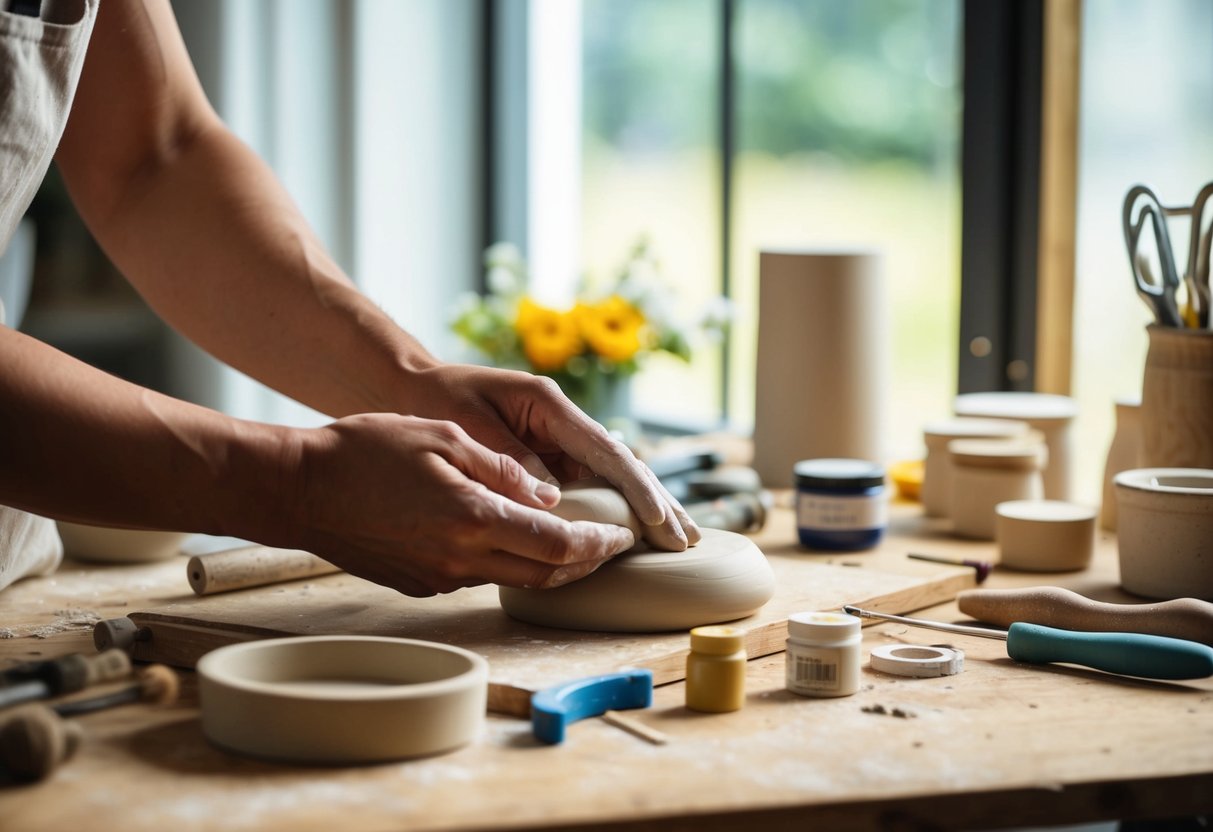 A hand shaping clay, surrounded by various art supplies and tools on a wooden table, with natural light streaming in from a nearby window