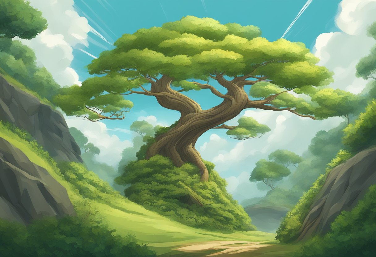 A towering tree bends in a strong wind, while smaller plants remain still, illustrating the law of relativity