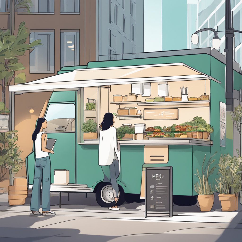 A modern, minimalist storefront with sleek, high-tech gadgets on display next to a stylish mannequin dressed in trendy, sustainable fashion. A food truck with a line of customers outside, showcasing a menu of innovative, plant-based dishes