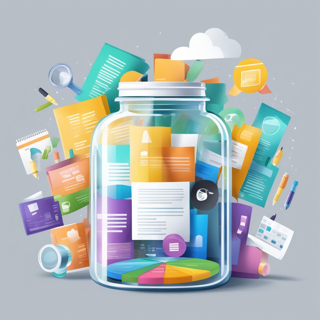 A transparent glass jar filled with colorful marketing materials, surrounded by success story illustrations