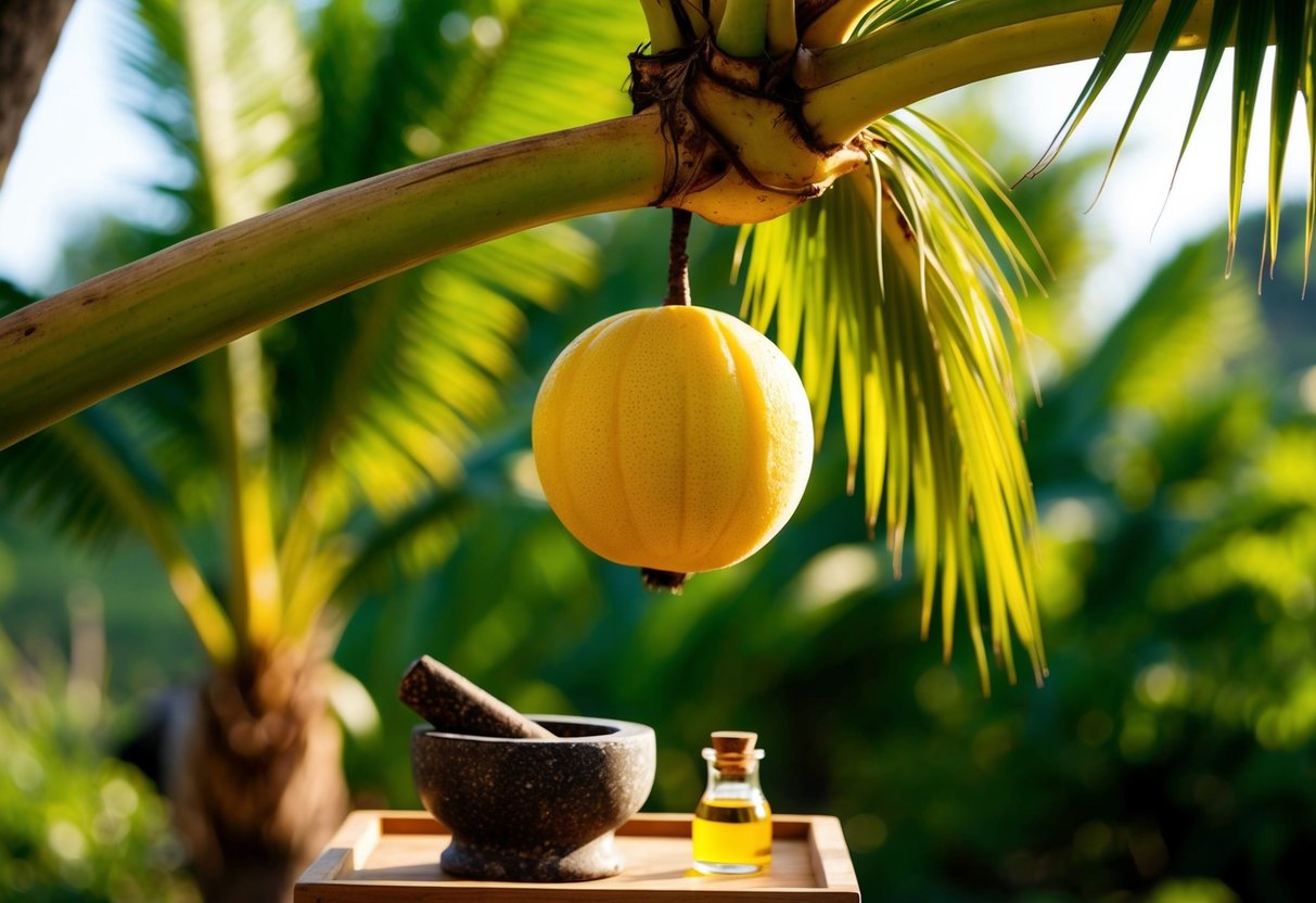 A ripe bataña fruit hangs from a lush palm tree, while a traditional mortar and pestle sit nearby, ready to extract the precious oil