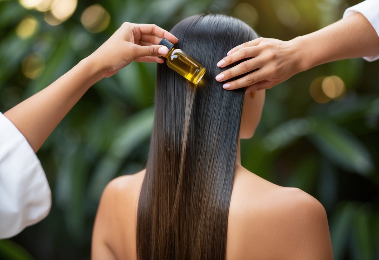 A woman's hair being nourished and strengthened by batana oil, with shiny and healthy strands flowing down her back