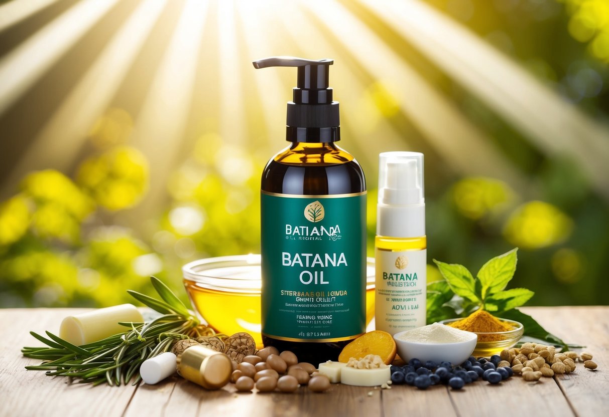 A bottle of batana oil surrounded by various skincare products and natural ingredients, with rays of sunlight shining down on it