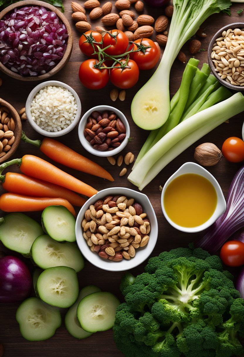 A colorful array of fresh vegetables, lean meats, and healthy fats arranged on a wooden cutting board, with a measuring cup of nuts and seeds nearby