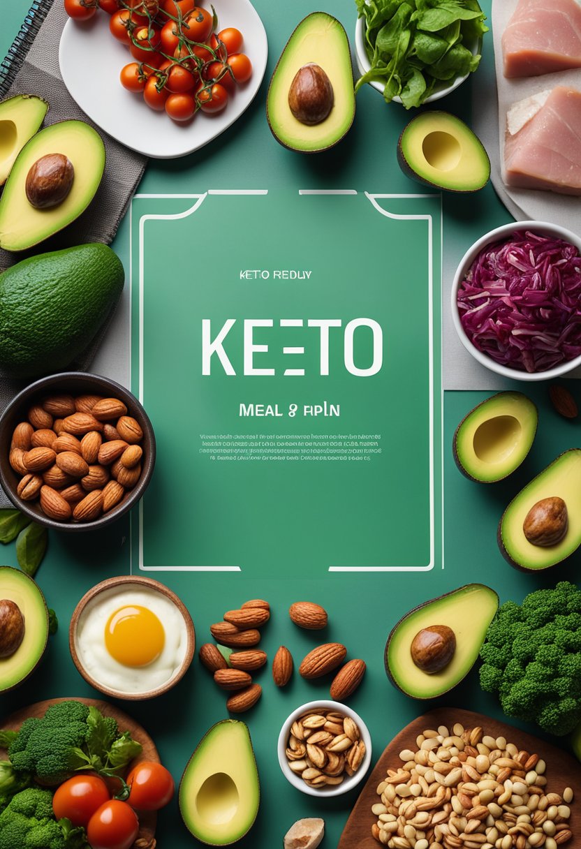 A table set with a variety of keto-friendly foods, including vegetables, lean meats, nuts, and avocados, with a meal plan notebook and pen alongside