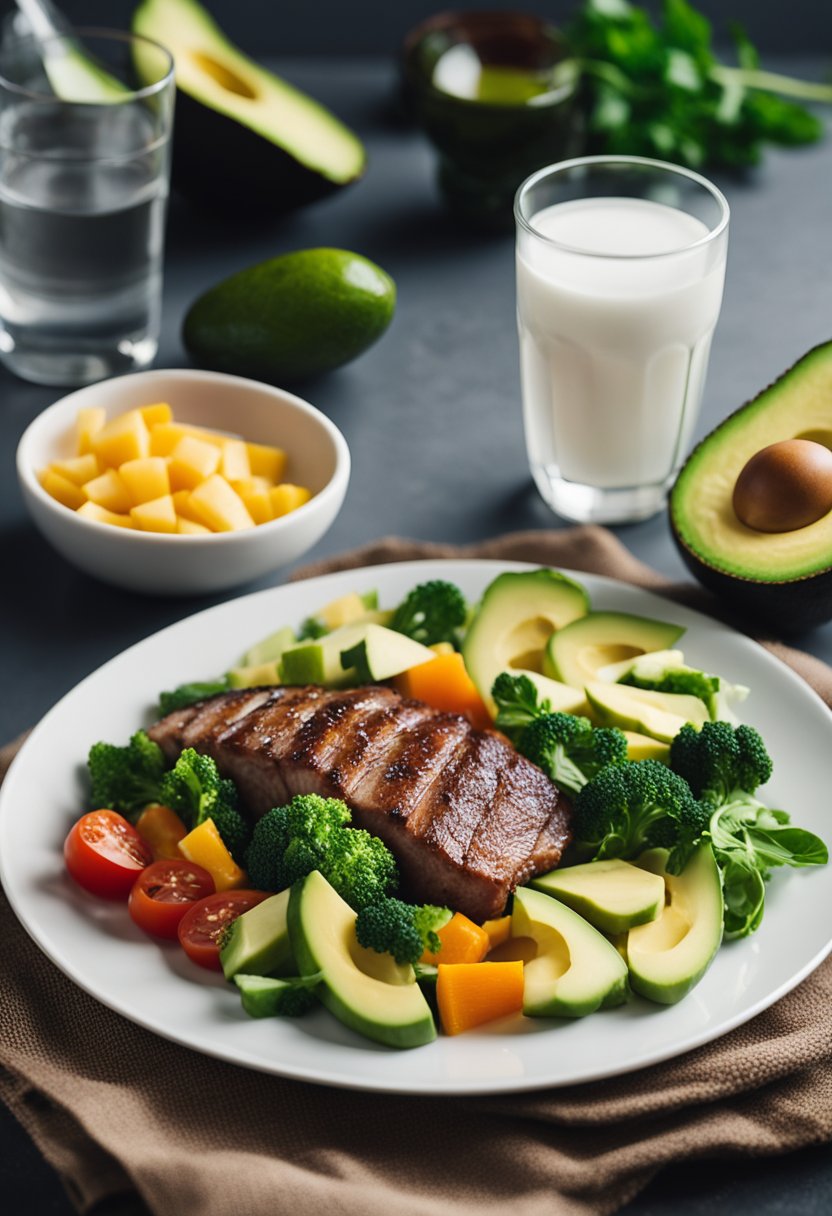 A colorful array of low-carb vegetables, lean meats, and healthy fats arranged on a plate, with a side of avocado and a glass of water