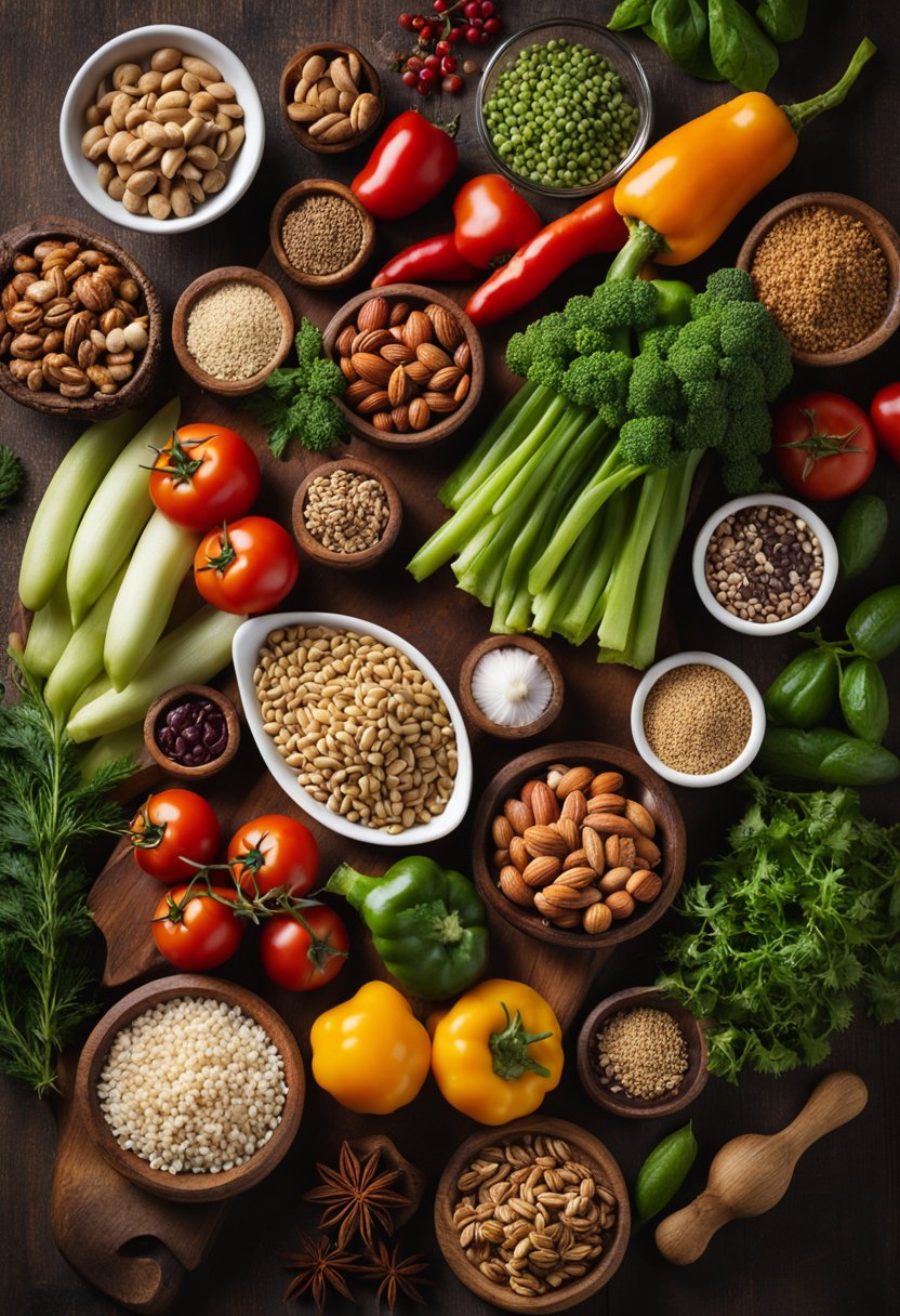 A variety of fresh vegetables, nuts, seeds, and lean meats arranged on a wooden cutting board, surrounded by herbs and spices