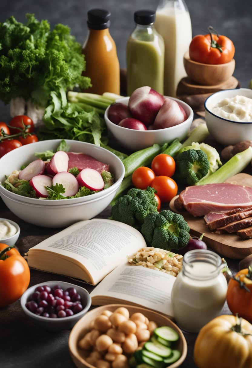 A kitchen counter with various fresh vegetables, meats, and dairy products laid out, alongside a cookbook open to a page of keto diet recipes