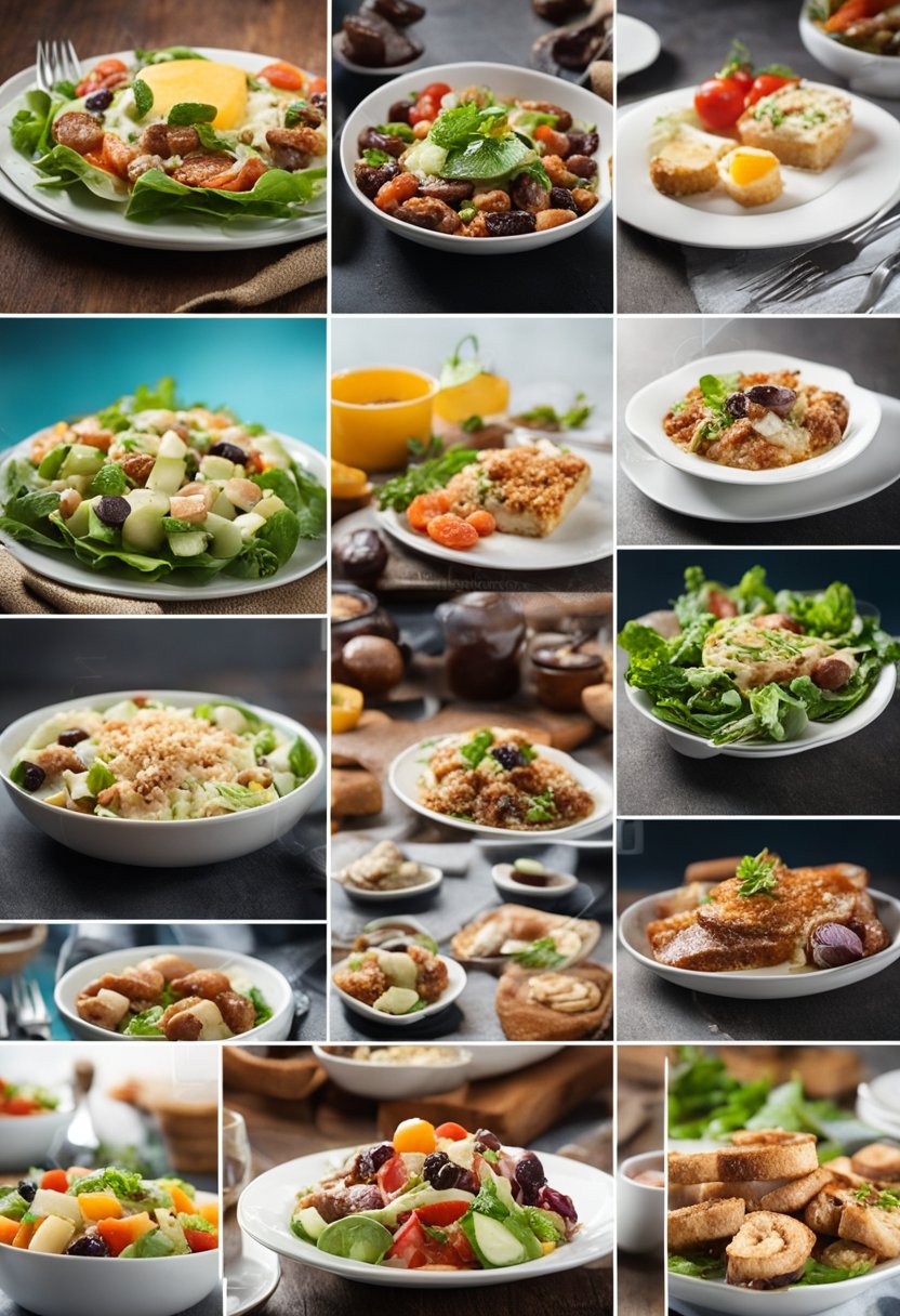 A table set with an assortment of colorful and appetizing keto dishes, including salads, meats, and low-carb desserts