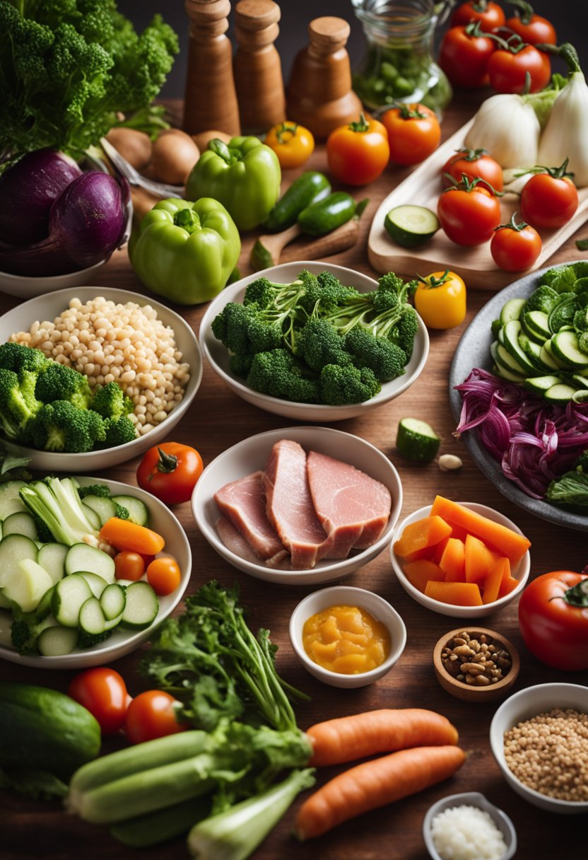 A kitchen counter with various fresh vegetables, lean meats, and healthy fats laid out for meal prep