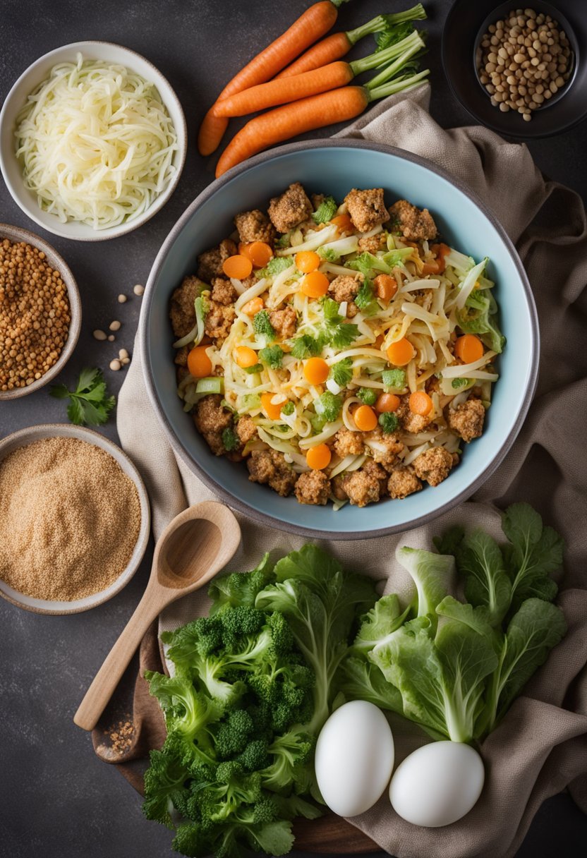 A colorful bowl filled with keto egg roll ingredients, including ground pork, cabbage, carrots, and seasonings, sizzling in a skillet