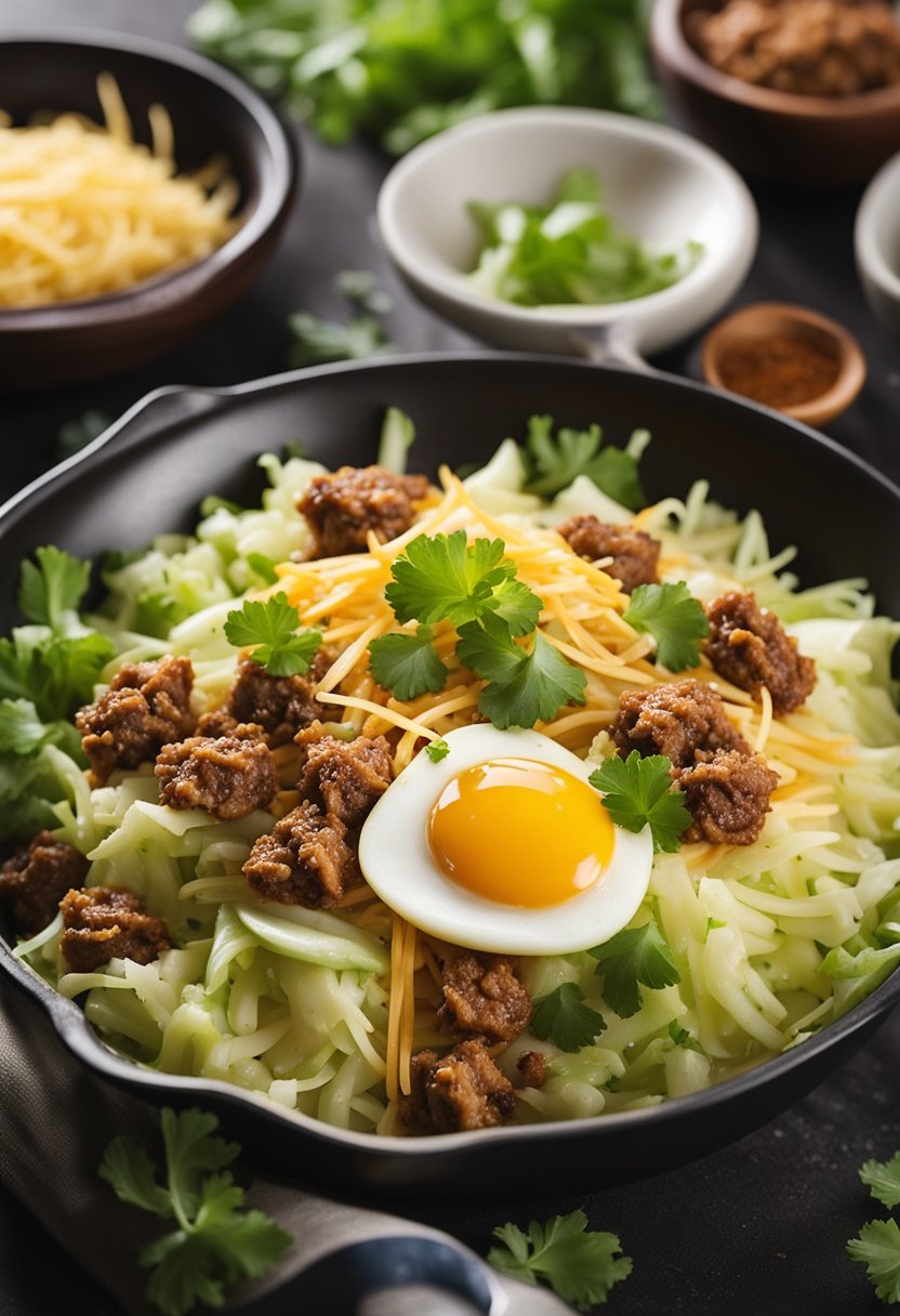 A colorful bowl filled with keto egg roll ingredients, including ground meat, shredded cabbage, and seasonings, sizzling in a frying pan