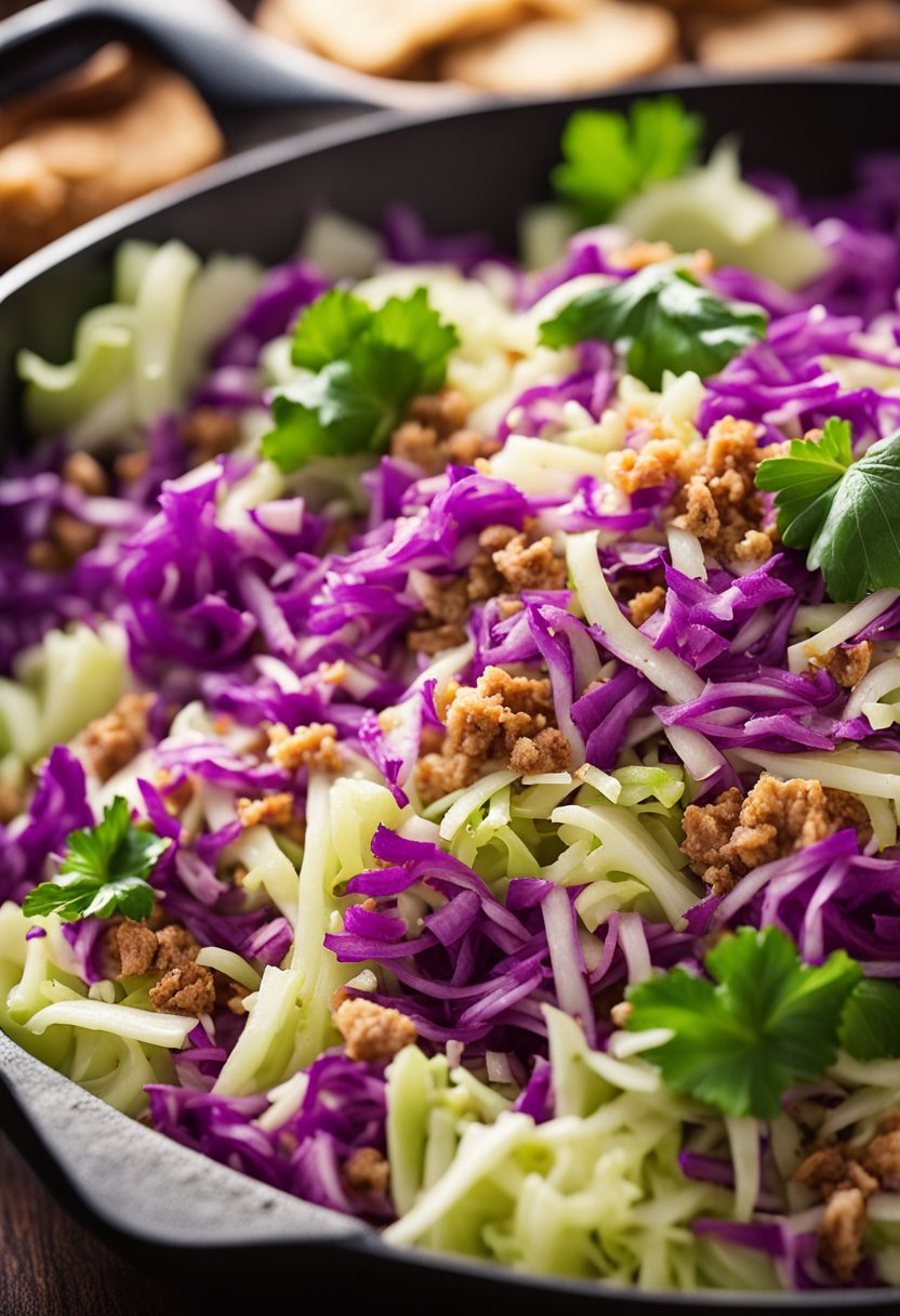 A colorful array of shredded cabbage, ground pork, and seasonings sizzling in a large skillet, emitting a delicious aroma