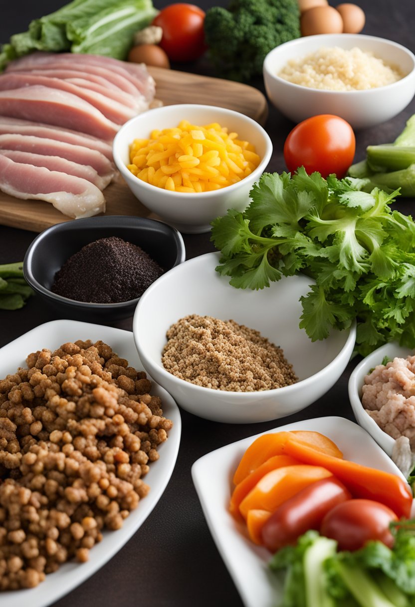 A kitchen counter with a variety of fresh vegetables and seasonings arranged neatly next to a bowl of ground pork, ready to be cooked for keto egg roll in a bowl