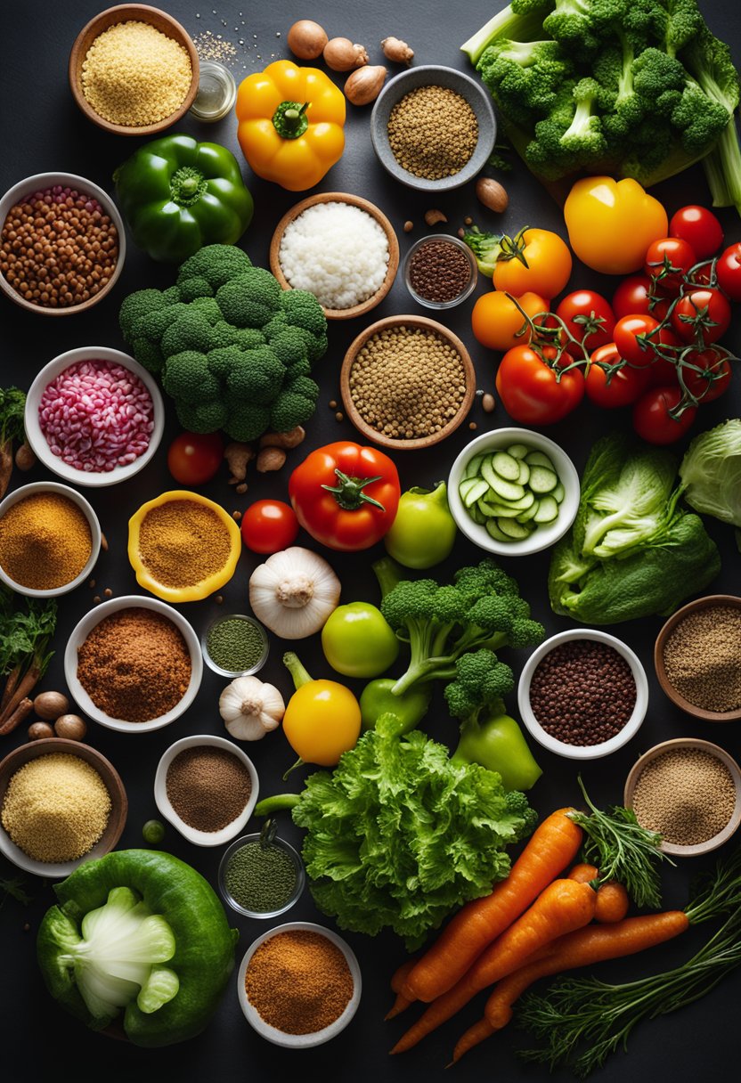 A colorful array of fresh vegetables, ground meat, and seasonings arranged on a kitchen counter