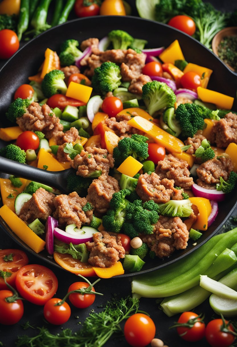 A colorful array of fresh vegetables, ground pork, and seasonings being stir-fried in a large skillet