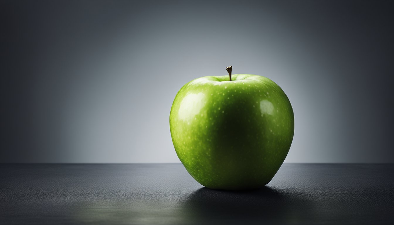 A green apple rests on a black slate, bathed in dramatic side lighting for an elegant still life