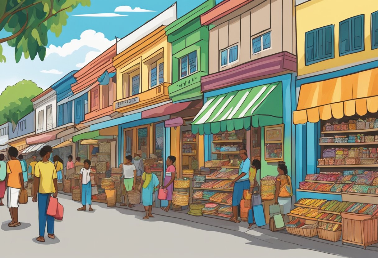 Colorful storefronts line a bustling street in Port Moresby, each displaying unique souvenirs. Customers browse through shelves and racks filled with traditional crafts, clothing, and trinkets