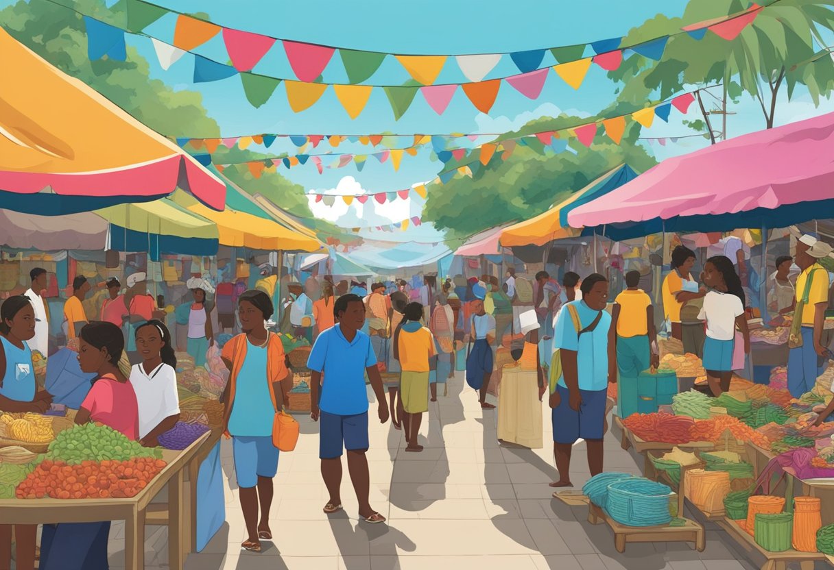 A bustling market in Port Moresby, filled with colorful displays of traditional crafts and souvenirs, surrounded by vibrant local artwork and bustling with tourists and locals alike