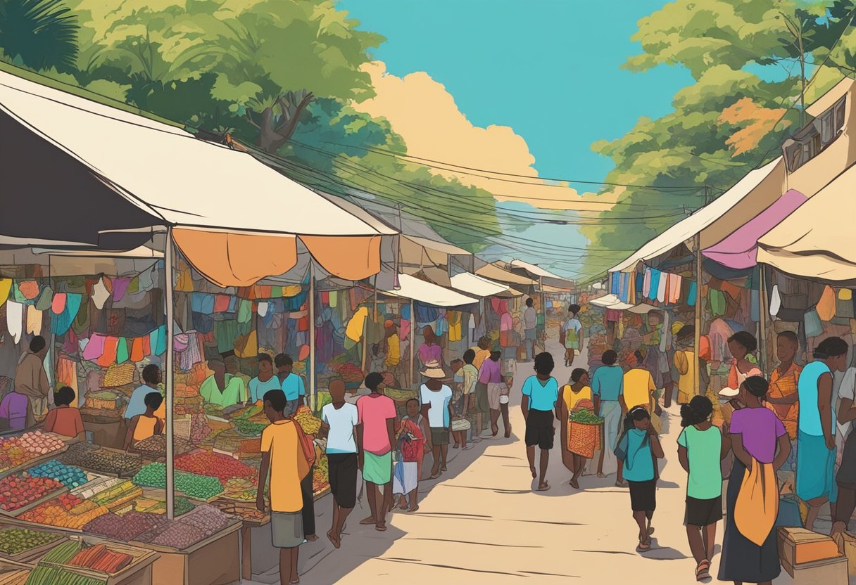 A bustling market street in Port Moresby, with colorful stalls selling traditional crafts and souvenirs. Customers browse through the vibrant displays, surrounded by the sounds and smells of the bustling city