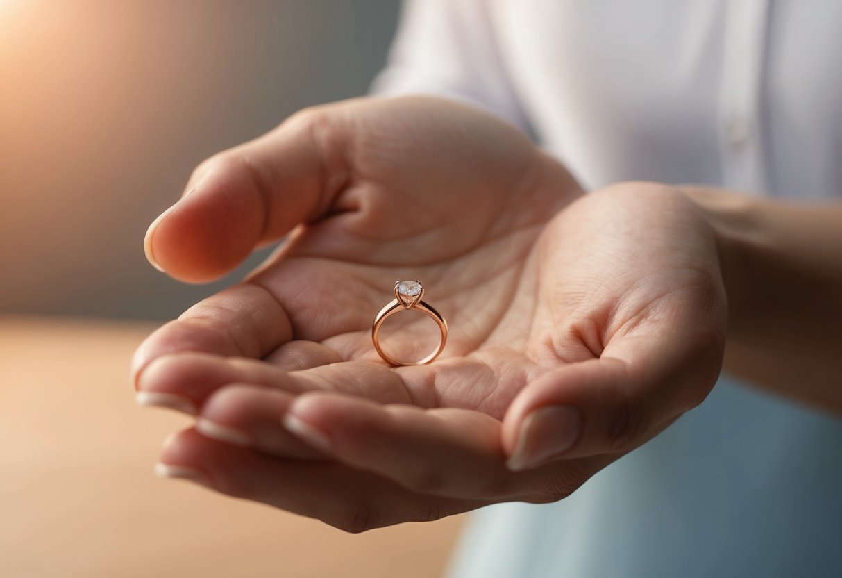 A hand holding a small, delicate ring, with a warm, tender expression on the face of the giver