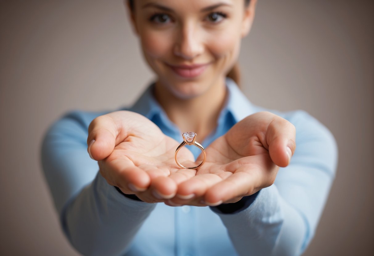 A person holding out a small, delicate ring in their palm, with a look of sincerity and love in their eyes