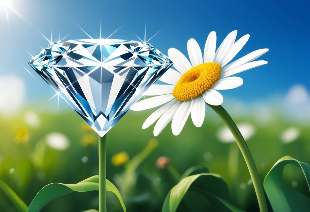 A sparkling diamond and a delicate white daisy blooming in a lush green meadow under the clear blue sky