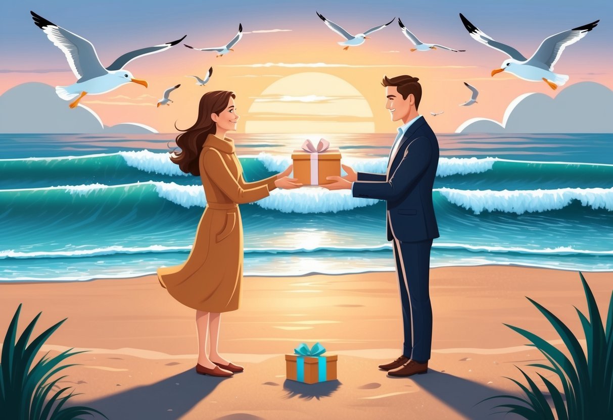 A couple standing on a beach at sunset, one presenting a small box to the other. The waves gently crash in the background as seagulls fly overhead