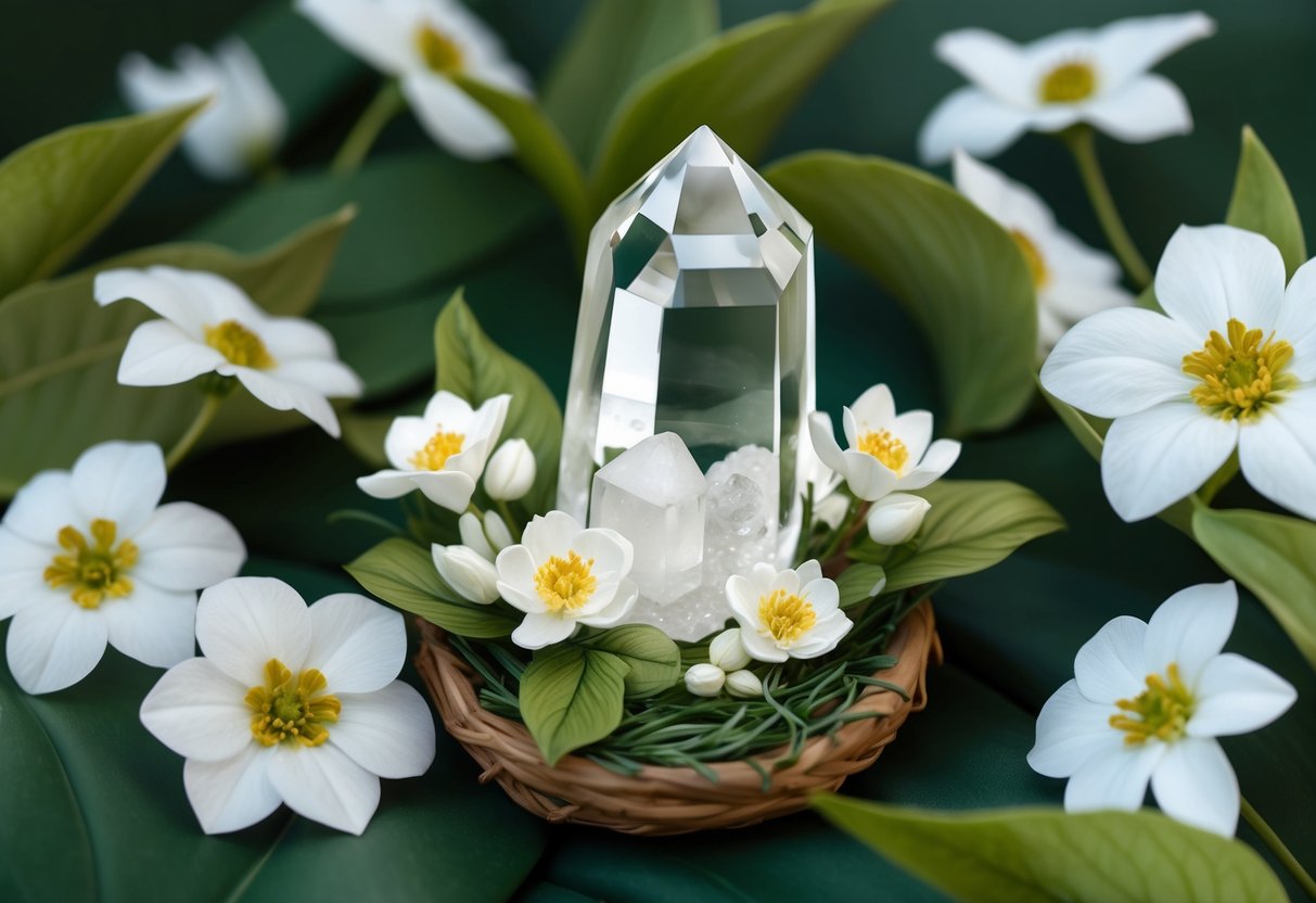 A clear quartz crystal nestled among delicate white flowers and green leaves