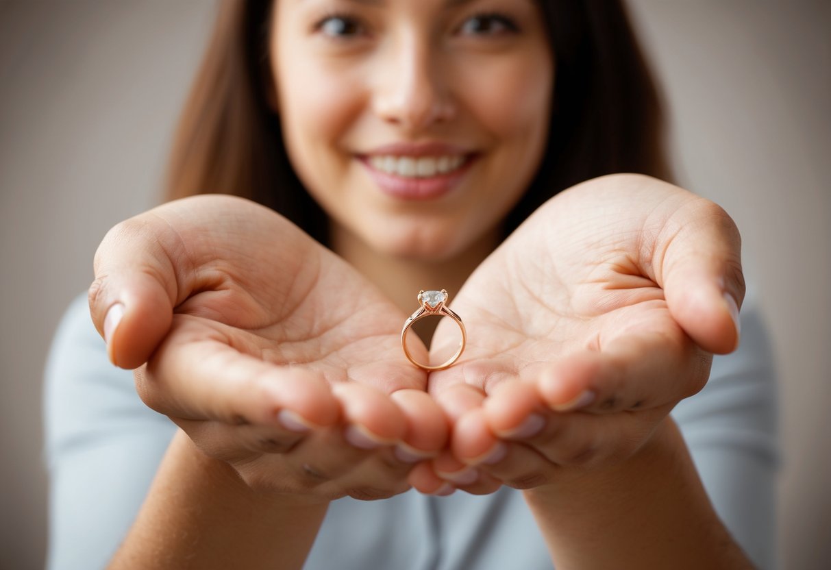 A person holding out a small, delicate ring in their open palm, with a warm and sincere expression on their face