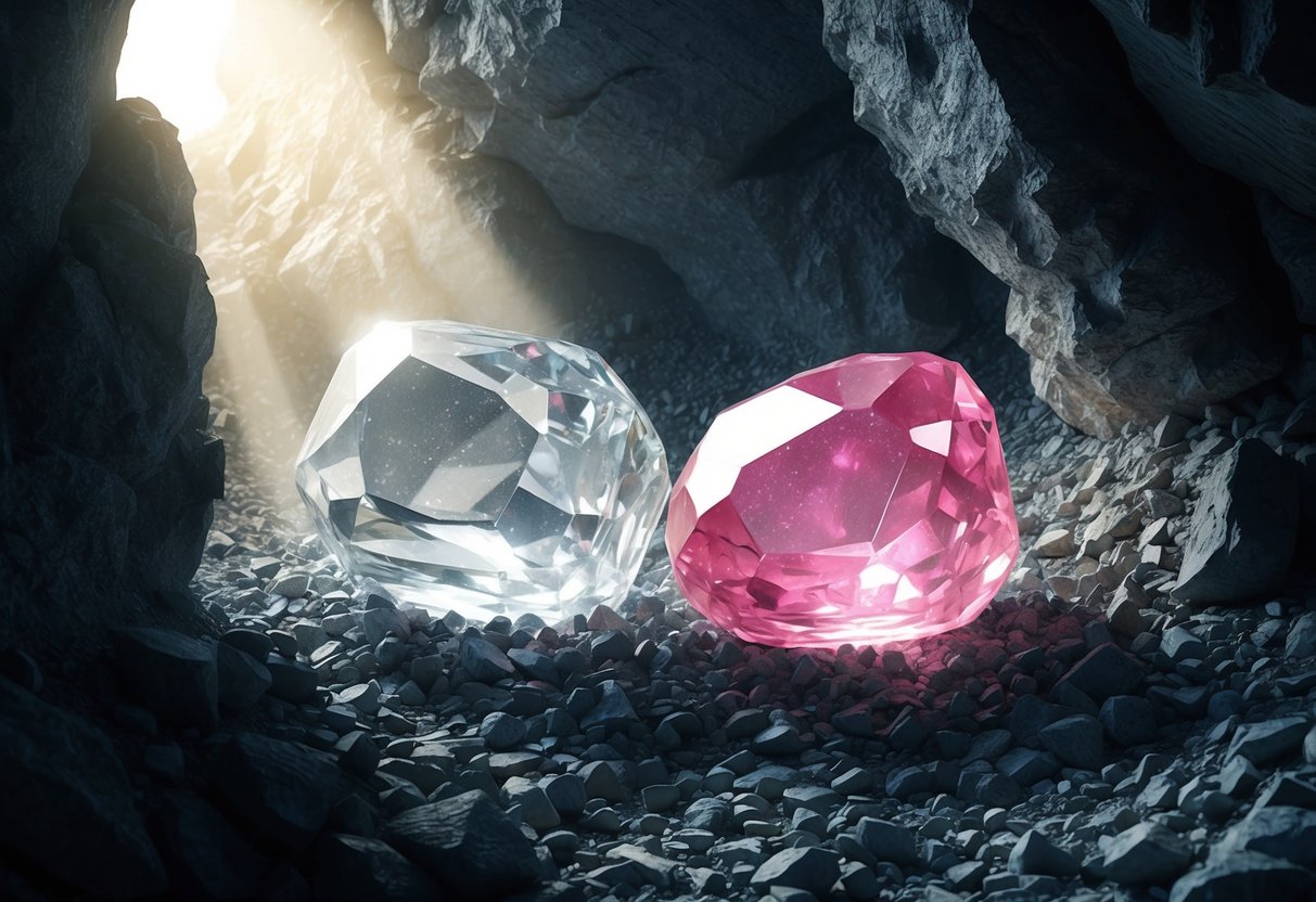 Two rough gemstones, one clear and one pink, nestled in a rocky mine shaft. Sunlight filters in, casting a soft glow on the stones