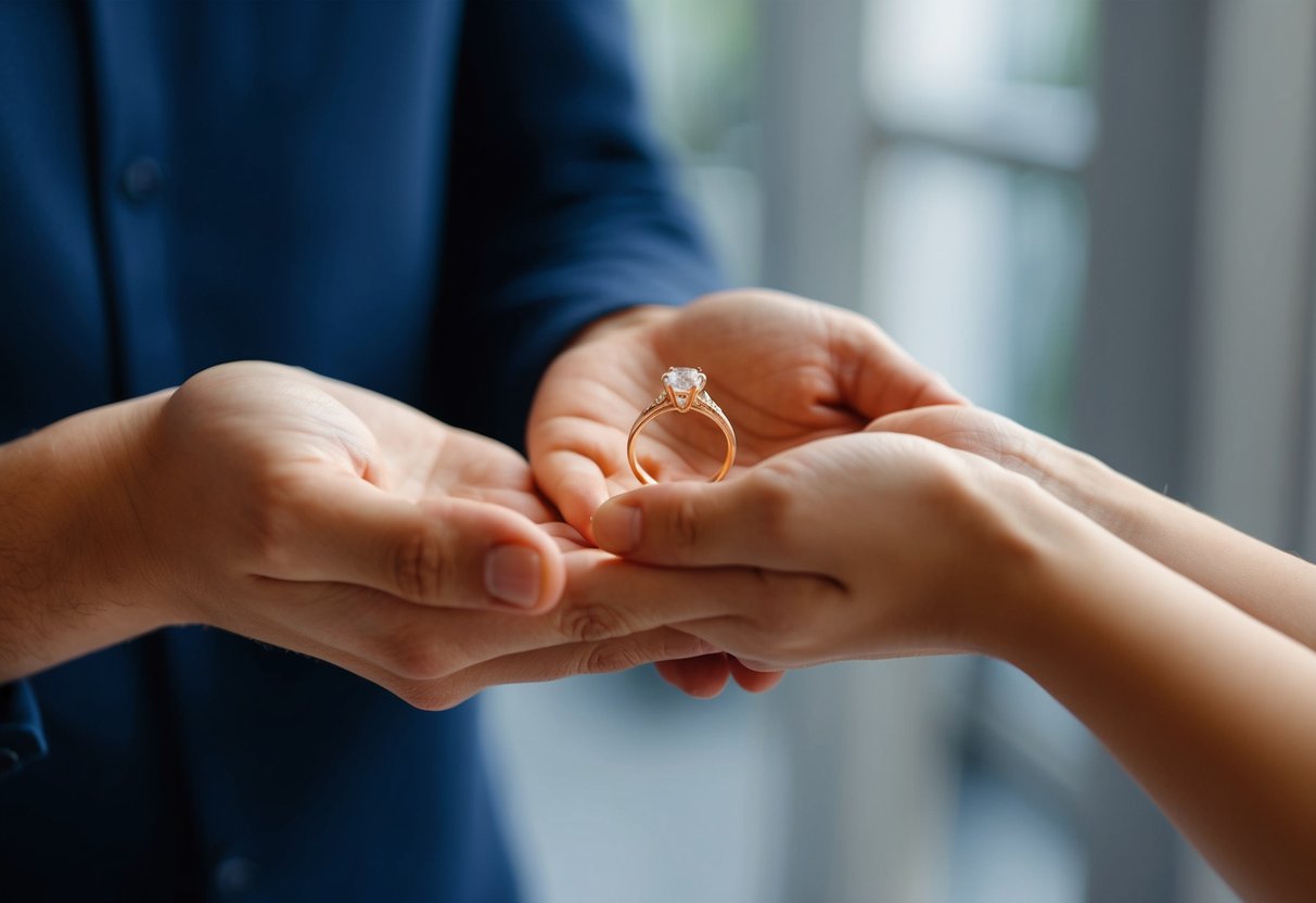 A person holds out a small, delicate ring in their palm, offering it to someone with a hopeful expression