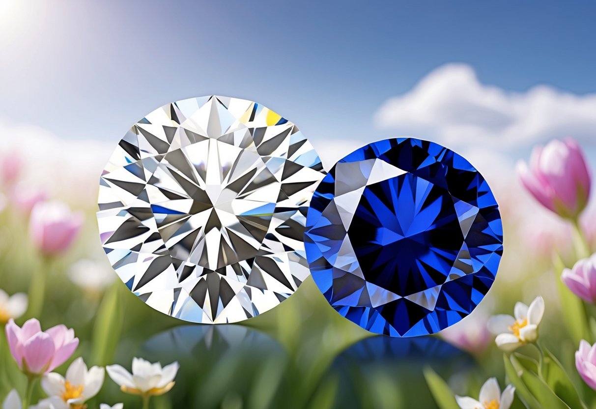 A sparkling diamond and a lustrous sapphire set against a backdrop of blooming spring flowers and clear skies