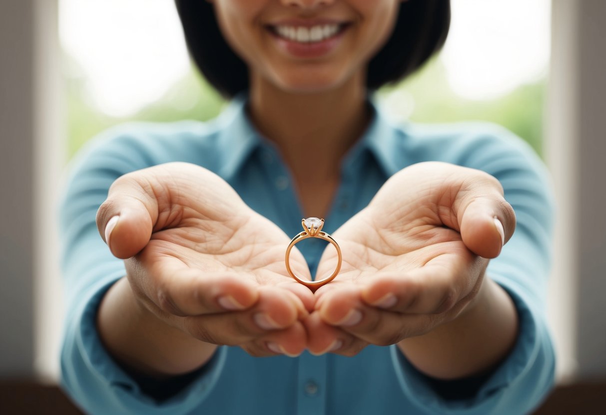 A person holding out a small, delicate ring in their palm, with a hopeful and sincere expression on their face