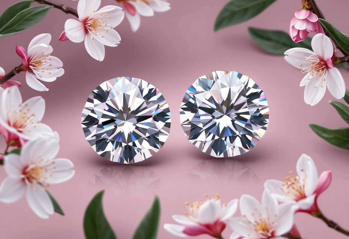 Two sparkling diamonds surrounded by delicate pink and white blossoms, representing the birthstones for April