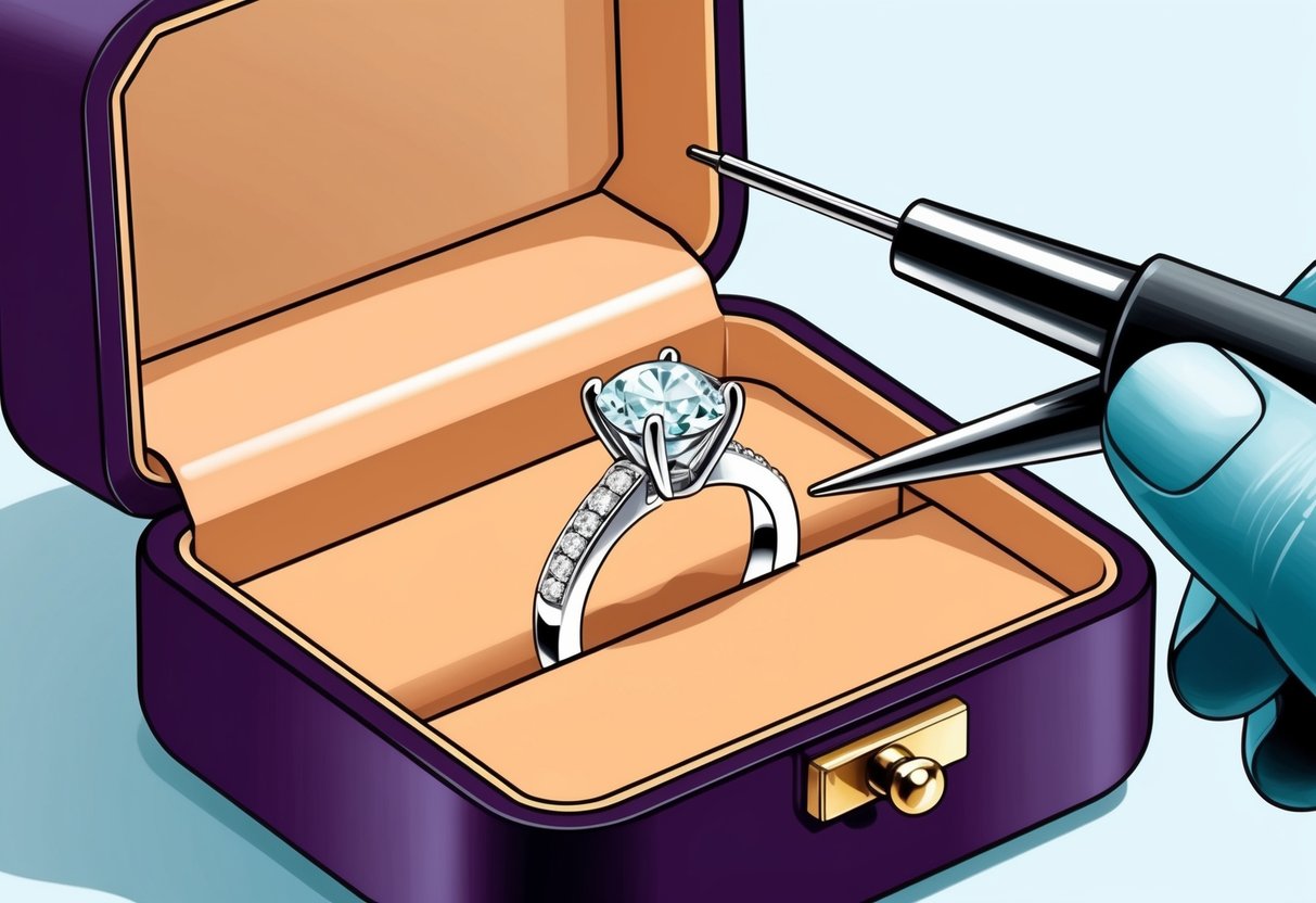 An open jewelry box with a ring being measured by a jeweler's tool