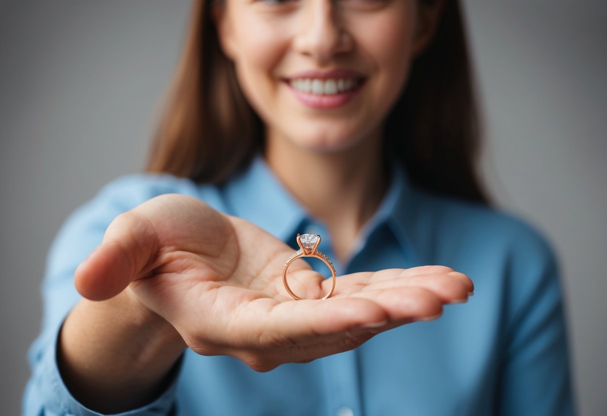 A person holding out a small, delicate ring in their palm, with a hopeful and sincere expression on their face