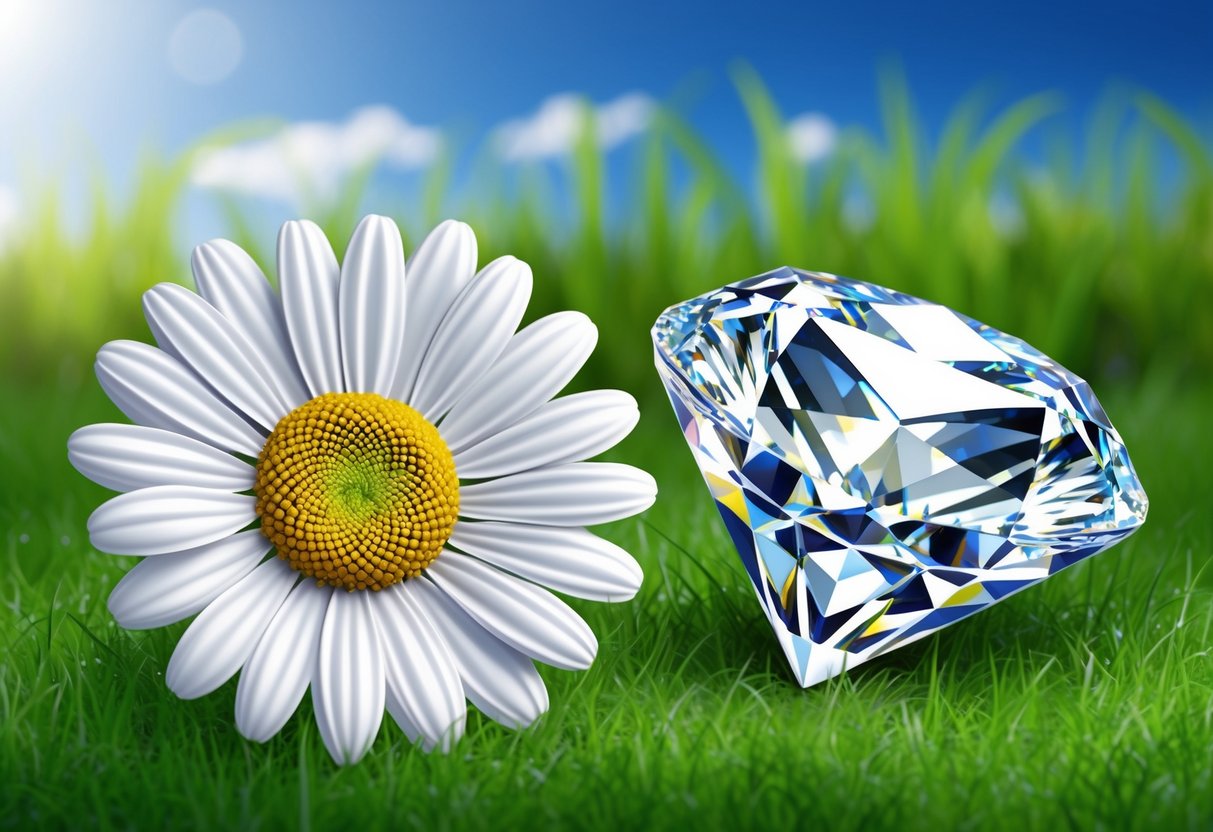 A blooming white daisy and a shimmering diamond set against a backdrop of fresh green grass and clear blue skies