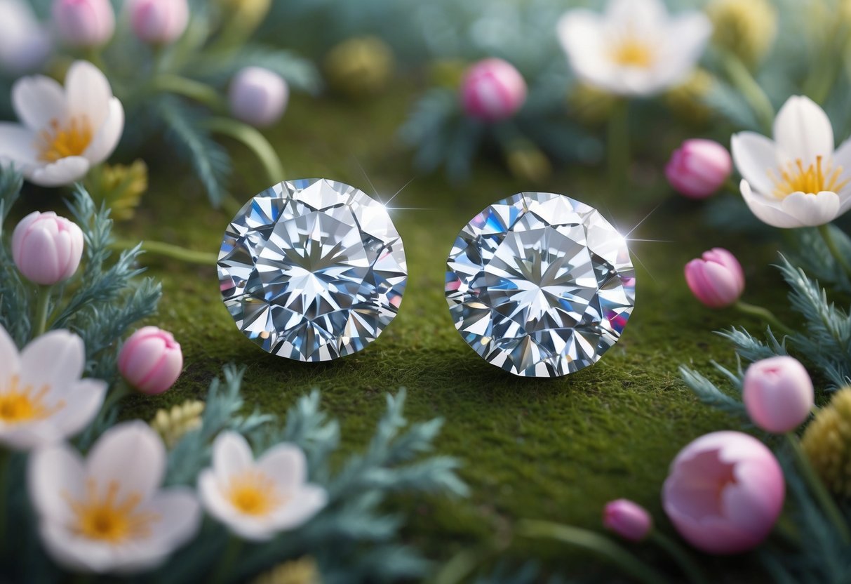 Two sparkling diamonds surrounded by delicate spring flowers and greenery