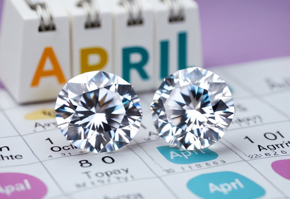 Two sparkling diamond and clear white topaz birthstones for April, set against a backdrop of a calendar with the month of April highlighted