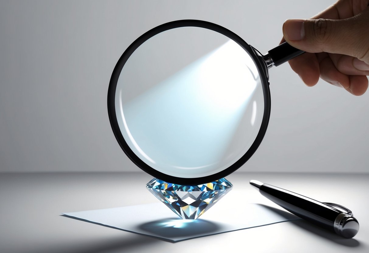 A magnifying glass hovers over a diamond resting on a piece of white paper, with a bright light shining onto it for inspection