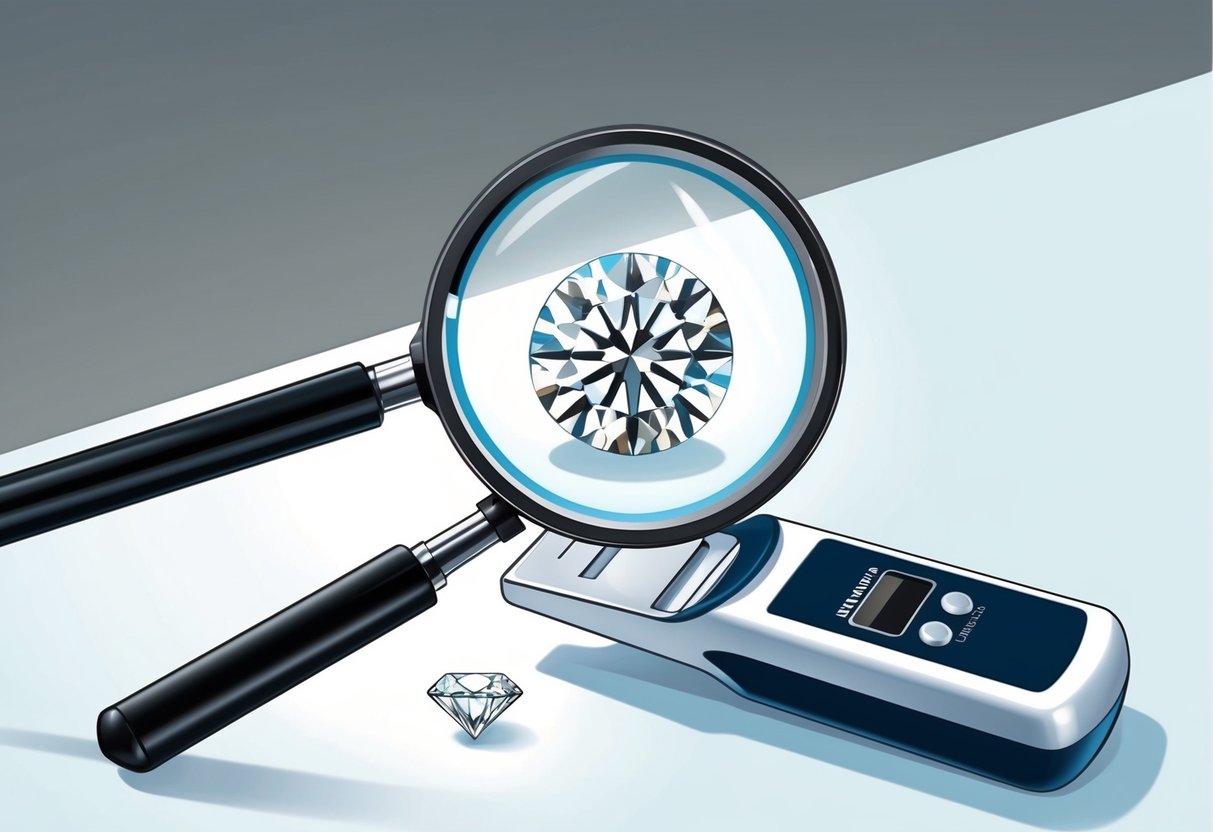 A diamond being tested with a magnifying glass and a diamond tester on a clean, well-lit surface