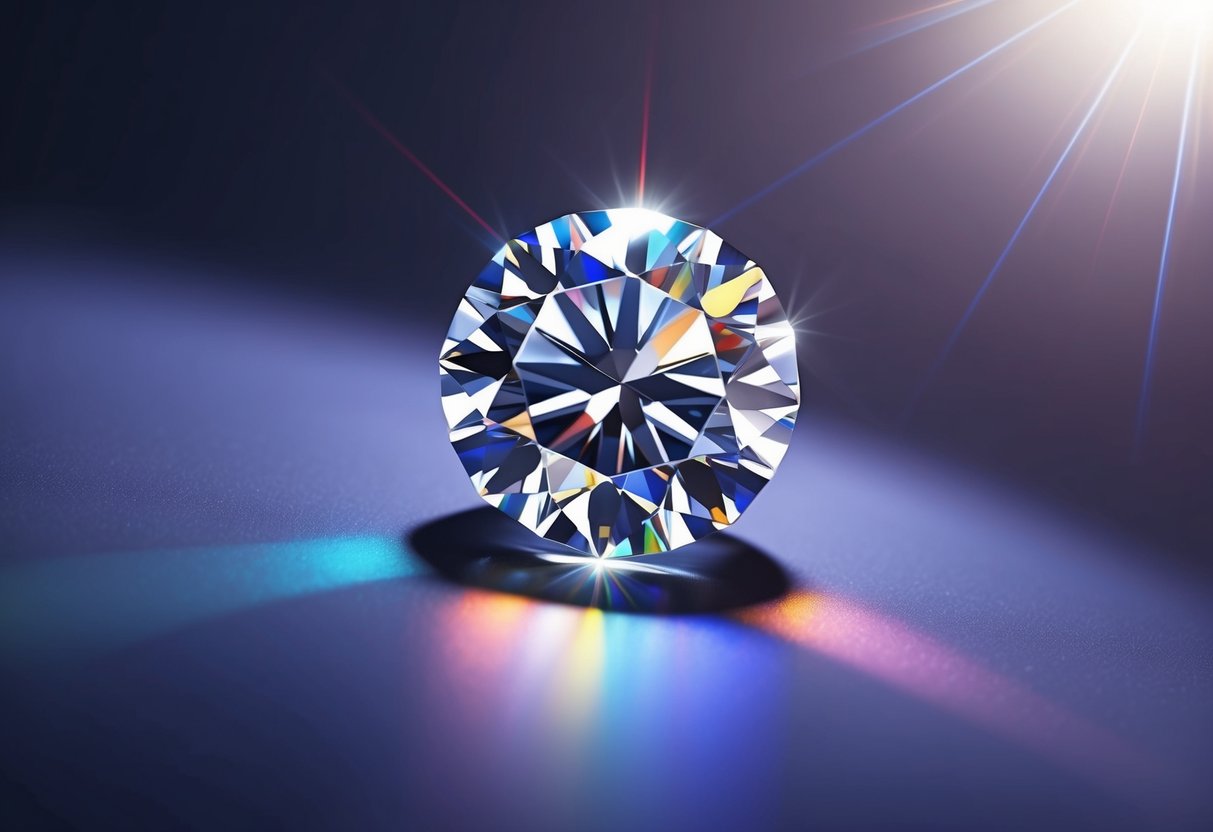 A diamond placed under a bright light source, casting sharp, colorful reflections onto a smooth, dark surface