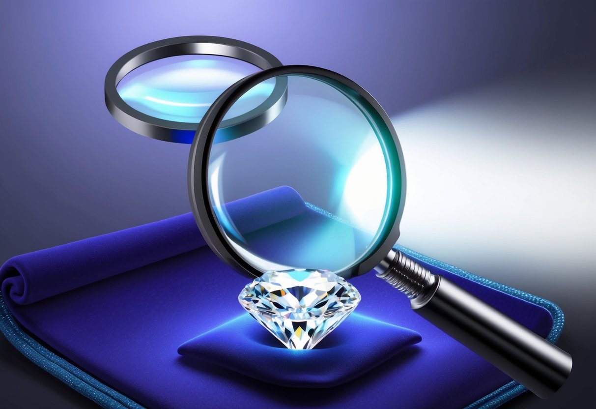 A magnifying glass hovers over a sparkling diamond resting on a velvet cloth, while a UV light shines on it for inspection